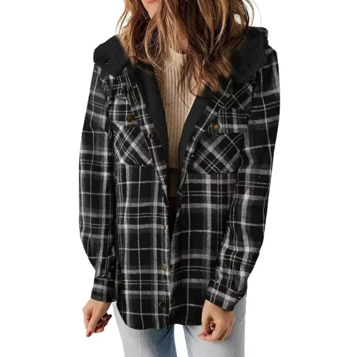 Chic&Bloom™ Casual Plaid Hooded Woolen Coat