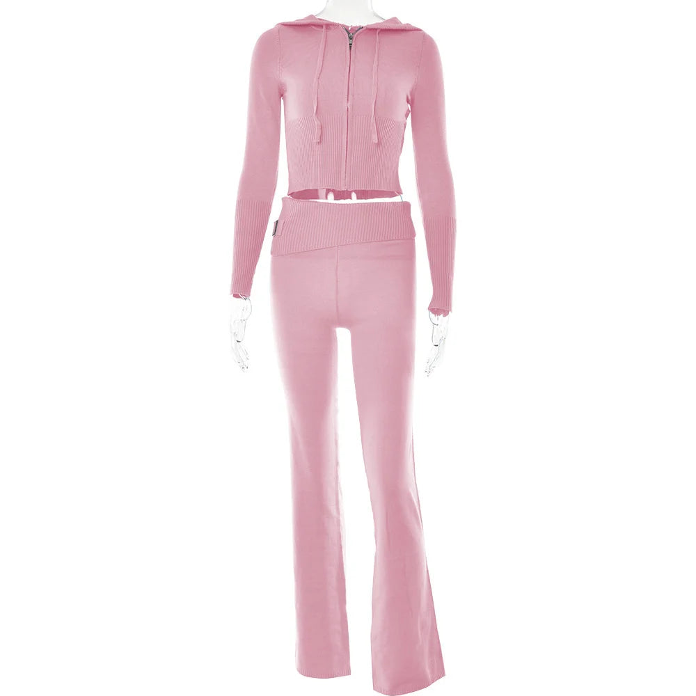 Sexy Sport Tracksuit Knitted Two Piece Set 2024 Autumn Winter 2 Piece Sets Women Outfit Sexy Slim Hooded Tops Pants Sets