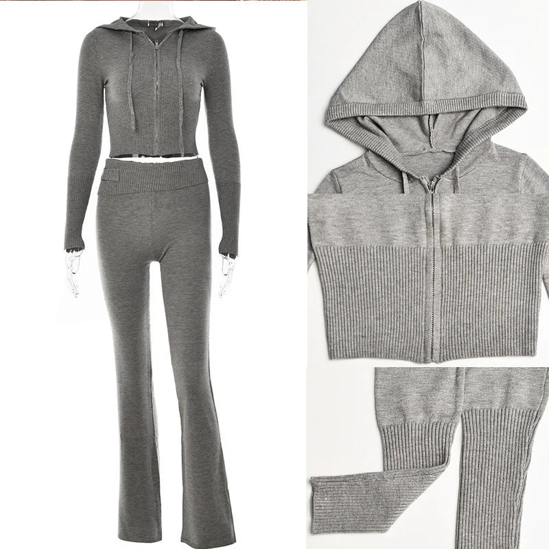 Sexy Sport Tracksuit Knitted Two Piece Set 2024 Autumn Winter 2 Piece Sets Women Outfit Sexy Slim Hooded Tops Pants Sets