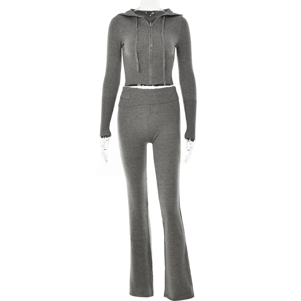 Sexy Sport Tracksuit Knitted Two Piece Set 2024 Autumn Winter 2 Piece Sets Women Outfit Sexy Slim Hooded Tops Pants Sets