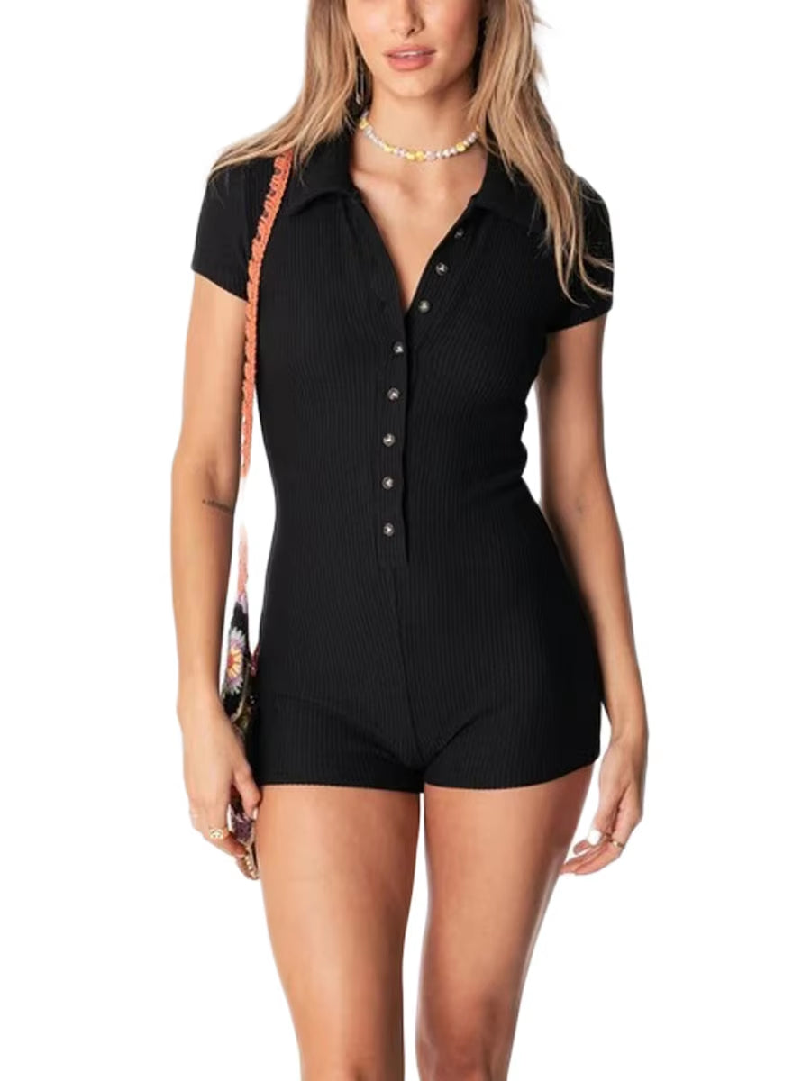 Women S Y2K Fashion Button-Up Romper Sexy Short Sleeve Lapel Neck Short Jumpsuit Playsuits